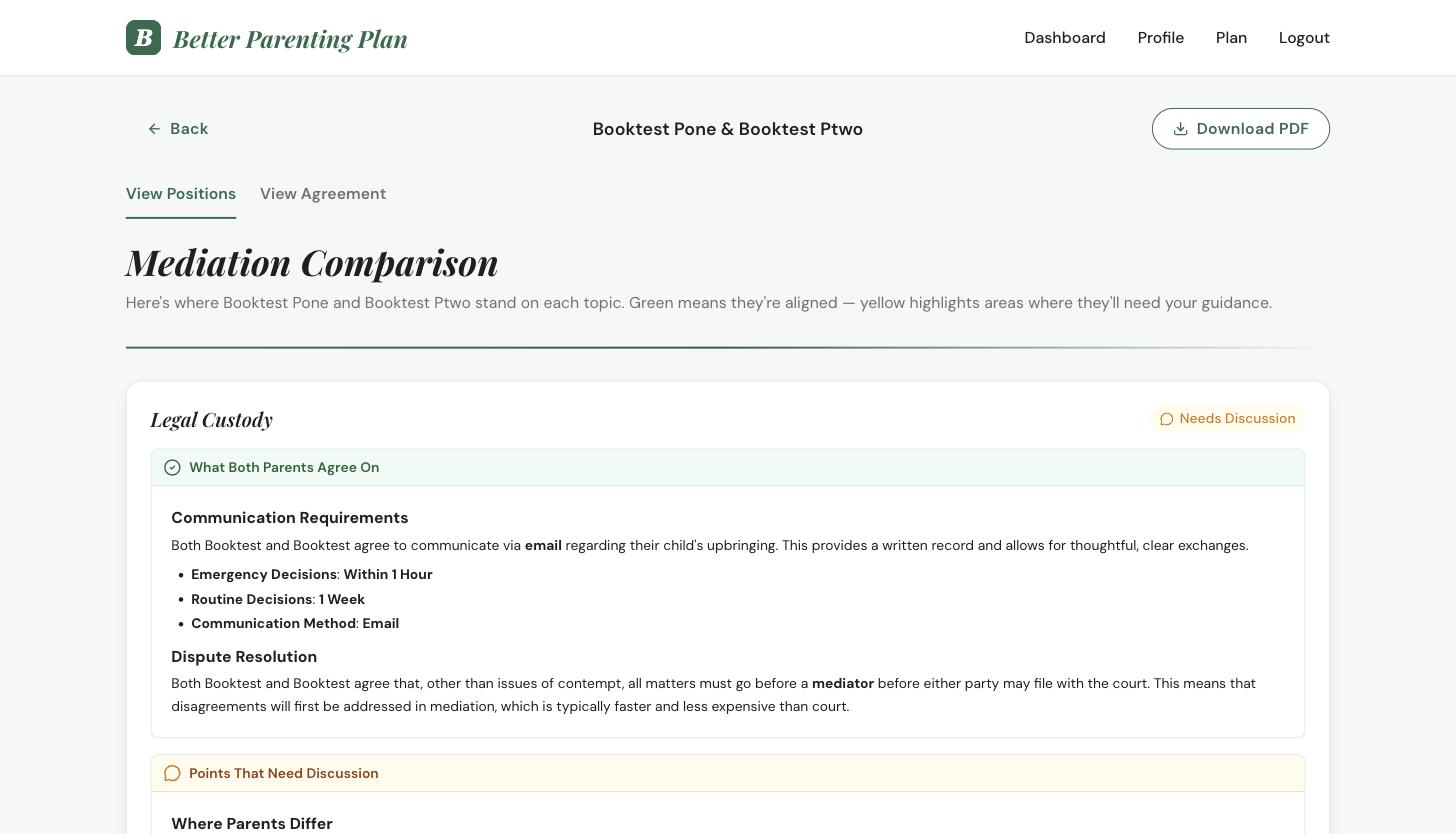 Gabby's mediator comparison view: a green panel listing what both parents agree on, above a yellow panel of points that still need discussion.
